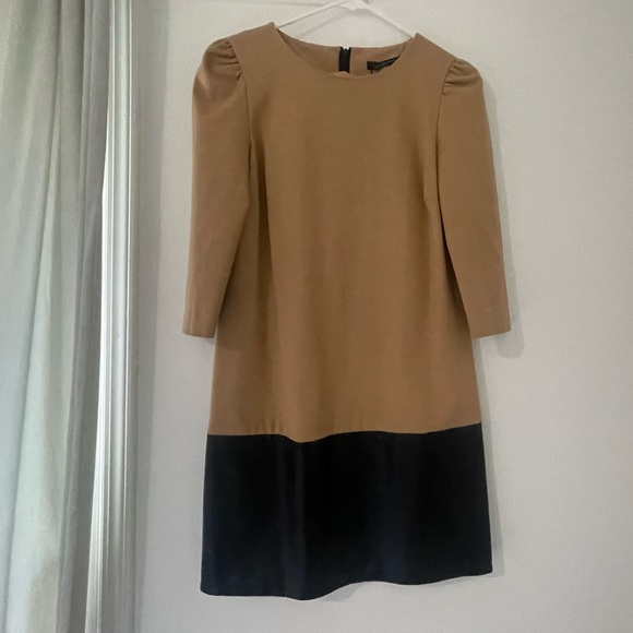 Zara Tan Wool and black Leather dress. - Picture 2 of 7